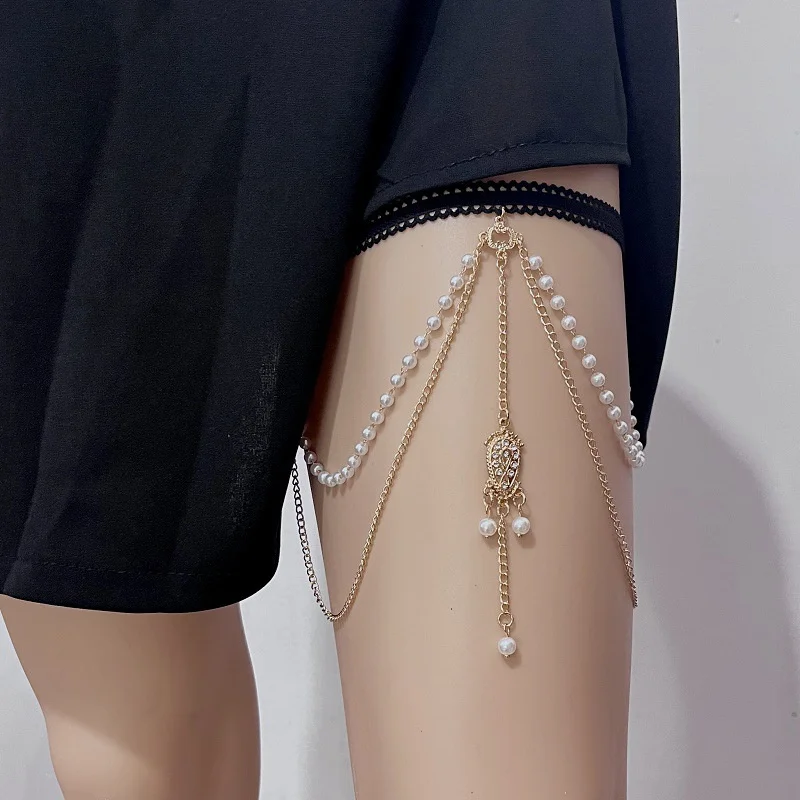 Multi-Layer Pearl Thigh Chain Elastic Tassel Alloy Chain Sexy Beach Body Accessories for Women Girls Fashion Jewelry