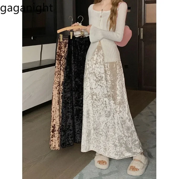 

Gaganight Women Korean Version Velvet Long Skirt Versatile 2024 Autumn New Gentle Style Slimming Hip Hugging A line Long Skirt