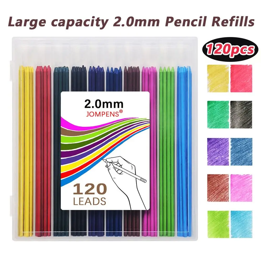 120 peças 2.0mm recarga de lápis de chumbo 10 cores lápis mecânico de grande capacidade chumbo arte esboço desenho suprimentos