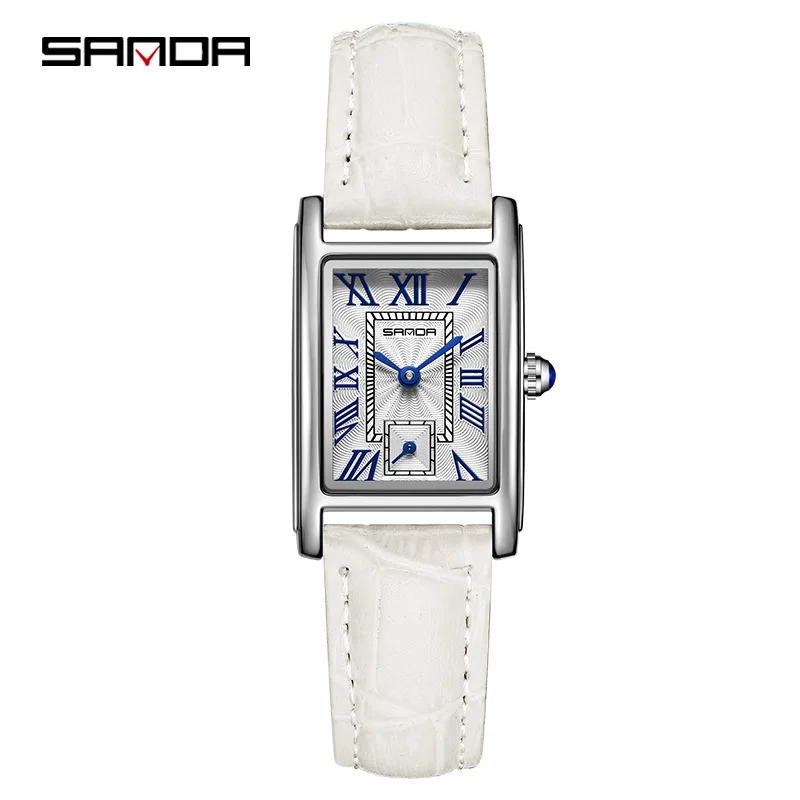 Sanda 1116 Women\'s Quartz Watch Red White Fashion Elegant  Rectangle Waterproof Pointer Leather  Business Ladies Wristwatches