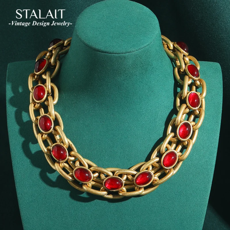 

Vintage Red Glaze Large And Exaggerated Necklaces Collar Choker Gold Color Chain Heavy Chunky Statement Accessories For Women