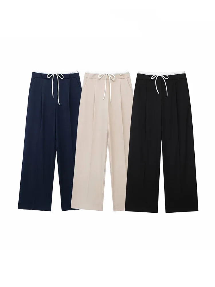 HH Dames Zomer Commuter Broek Retro Dubbele taille Losse Wijde pijpen Broek Chique Veterschoenen Dames Kantoorbroek Street chic