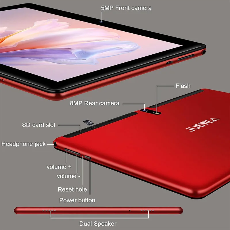 JUSYEA-J5 Tablet Android 11, Octa Core, 10.1 ", 4 + 64GB, 8000 mAh, PC, 120Hz, Display LCD 2.5K, Tablet Vermelho, Versão Global