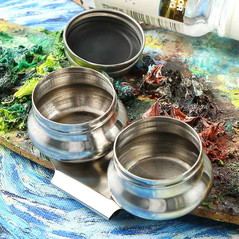 Stainless Steel Drum Painting Palette Oil Paint Pot Single Double Hole Dipper Easy Clean Drawing Tools Art Painting Supplies