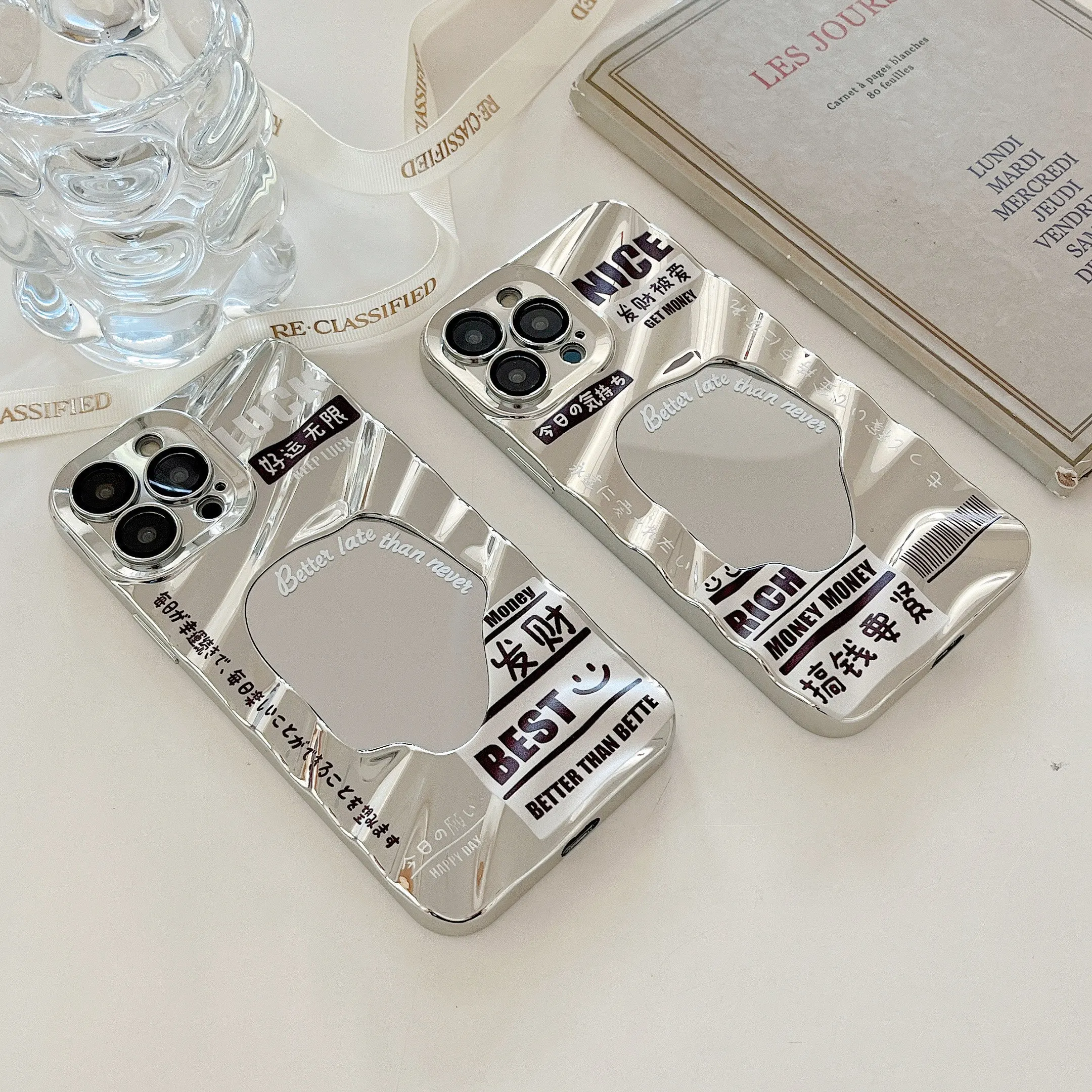 Film corrugated mirror with lens characters pattern for iPhone 16 14Promax 14Pro 11 13 16Pro 13Promax 12Pro 15 15Pro soft shell