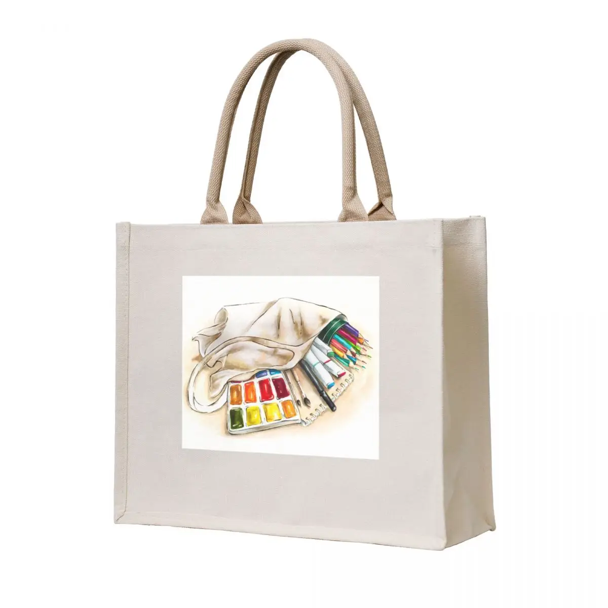 

Art shop purchases, artist materials: paint, pencils, brush in a shopping bag. Tote Bag tote bag large tote bag Canvas Eco