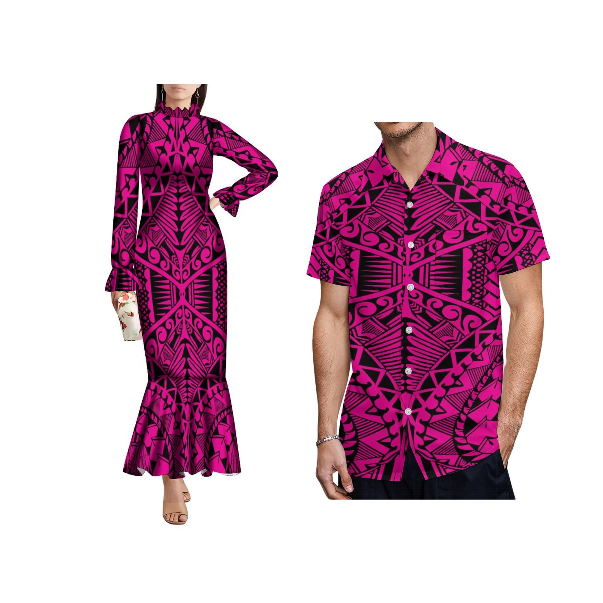 

New Courtly Style Polynesian Print Ladies Pleated Collar Long Sleeve Mermaid Dress Customized Long Maxi Elegant Evening Dress