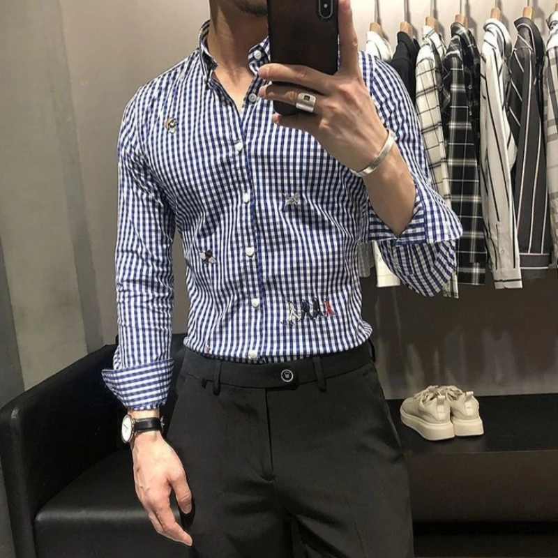 

​Stylish Men's Work Shirt Hairdresser Uniform Plaid Long Sleeve Slim Fit Autumn Fashion​