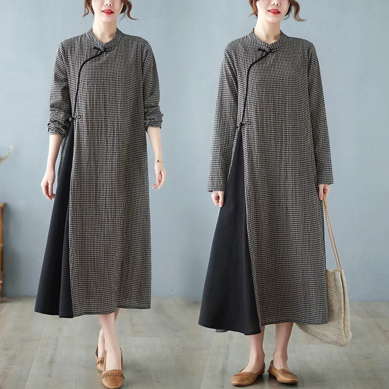 NYFS-فساتين طويلة من القطن والكتان منقوشة بقطع قماش فضفاضة للنساء ، رداء Elbise ، جديد ، خريف ، 2023