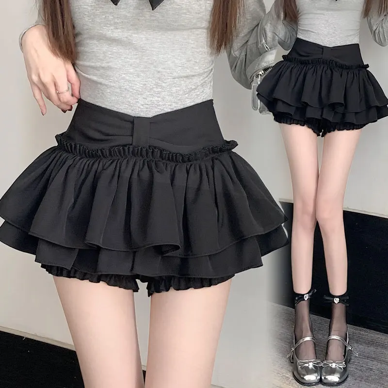 Kawaii Ball Gown Short Pleated Ruffles Layered High Waist Solid Mini Cake Skirts Lolita Girl Sweet Cute Elastic Waist Skirt