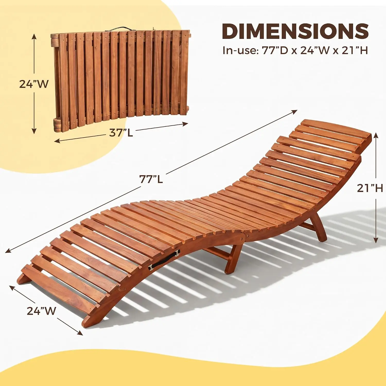 Acacia Wood Outdoor Lounge Chair, Foldable Ergonomic S-Shaped Design with Carry Handle, All-Weather Waterproof & Easy-Clean, 2-Piece Set