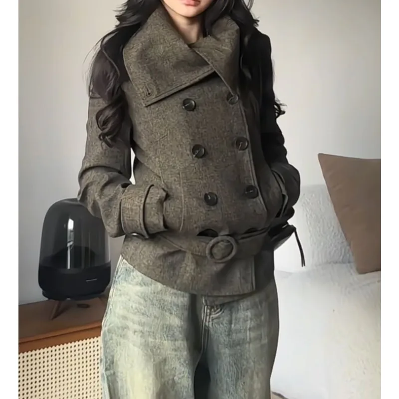 

American Retro Big Lapel Multi-wearing Double-breasted Belt Short Woolen Jacket Women's Autumn and Winter New Thin Top