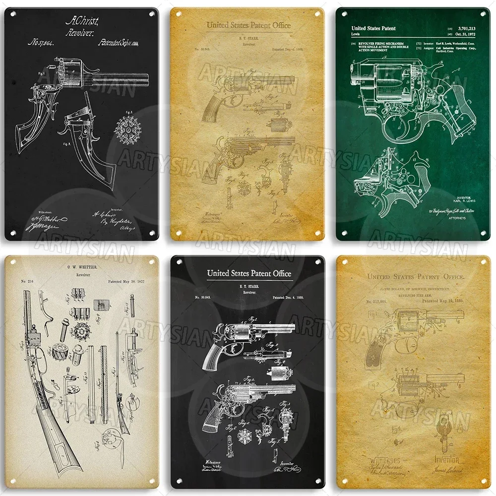 Revolver Metal Sign Handgun Plaque Pistol Technical Drawing Poster Revolving Firearm Beaumont Boland Joseph H. Wesson A. Christ