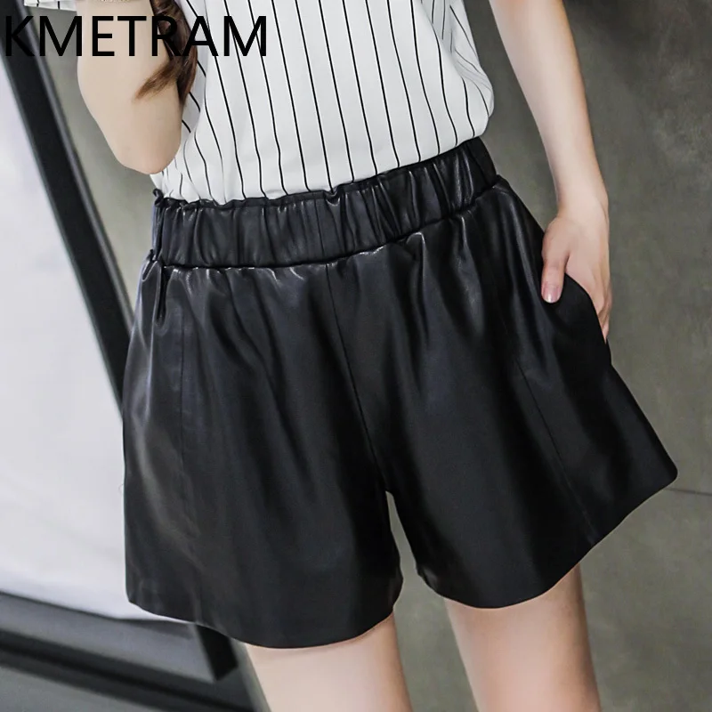 KMETRAM Sheepskin Real Leather Shorts Autumn Winter 2024 Women Shorts Elastic Waist Trousers Thin Fashion Wide-leg Short 여성용 반바지