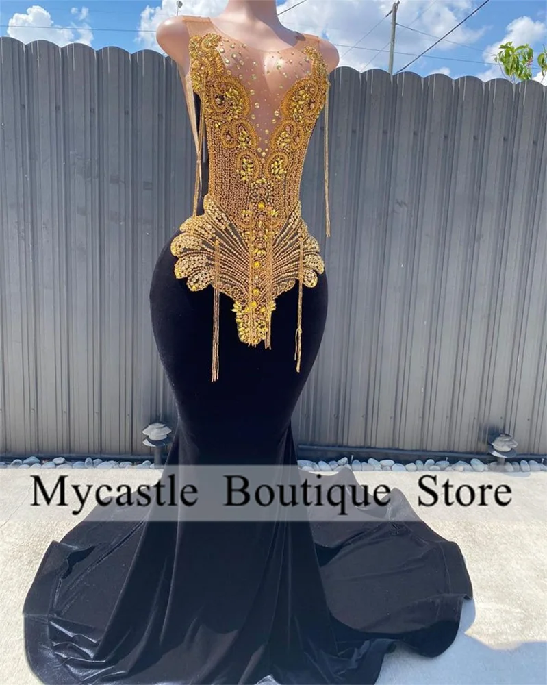 Luxury Rhinestones Prom Gowns 2025 For Black Girls Gold Beaded Crystal Birthday Party Dress Tassel Evening Dress Customized