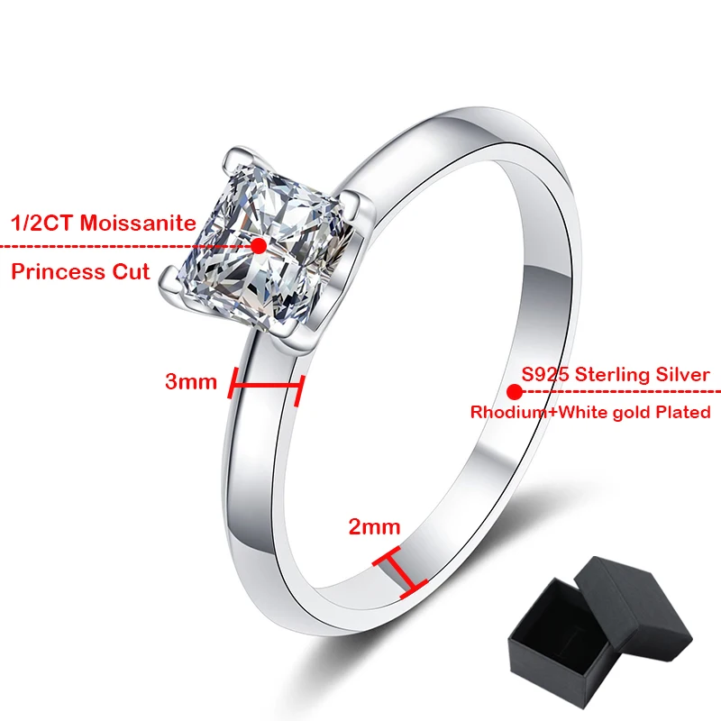 Certified Pricess Cut Moissanite Engagement Ring 1CT 2CT Colorless VVS Diamond Bridal Proposal Rings Sterling Silver Weddig Band