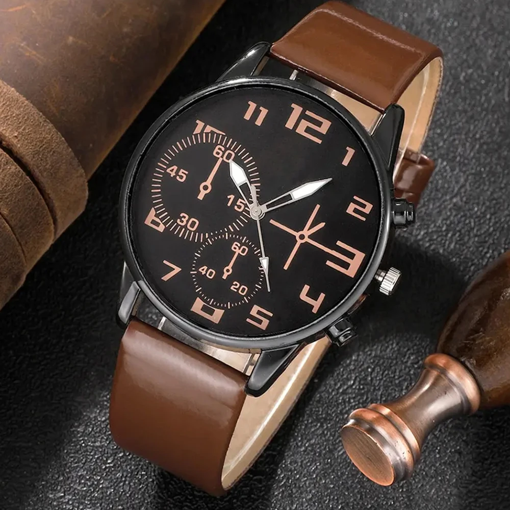 5PCS Set Fashion Mens Sports Bracelet Watches For Men Retro Big Dial Quartz Wrist Watch Classic Male Casual Brown Leather Watch