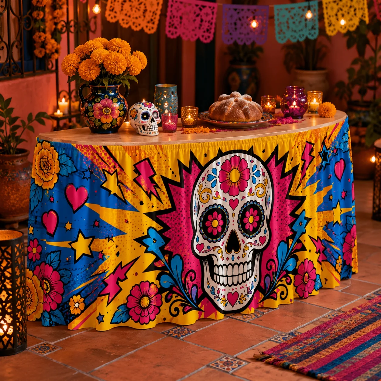 1 tablecloth table skirt, polyester colored sugar skull flower love lightning star pop art print decoration
