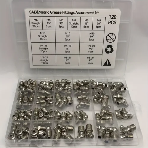Imagen 1 del producto Juego de 120 Conectores de Engrase Hidráulicos SAE y Métricos - Conectores Zerk, Incluye Especificaciones de 1/4"", 1/8"", M6, M8, M10, con Conectores Rectos y Conectores de 45 Grados ° Cabezal Angular y 90° ° Cabezal Angular, Apto para Aplicaciones Automotrices e Industriales, Hecho de Acero Galvanizado.