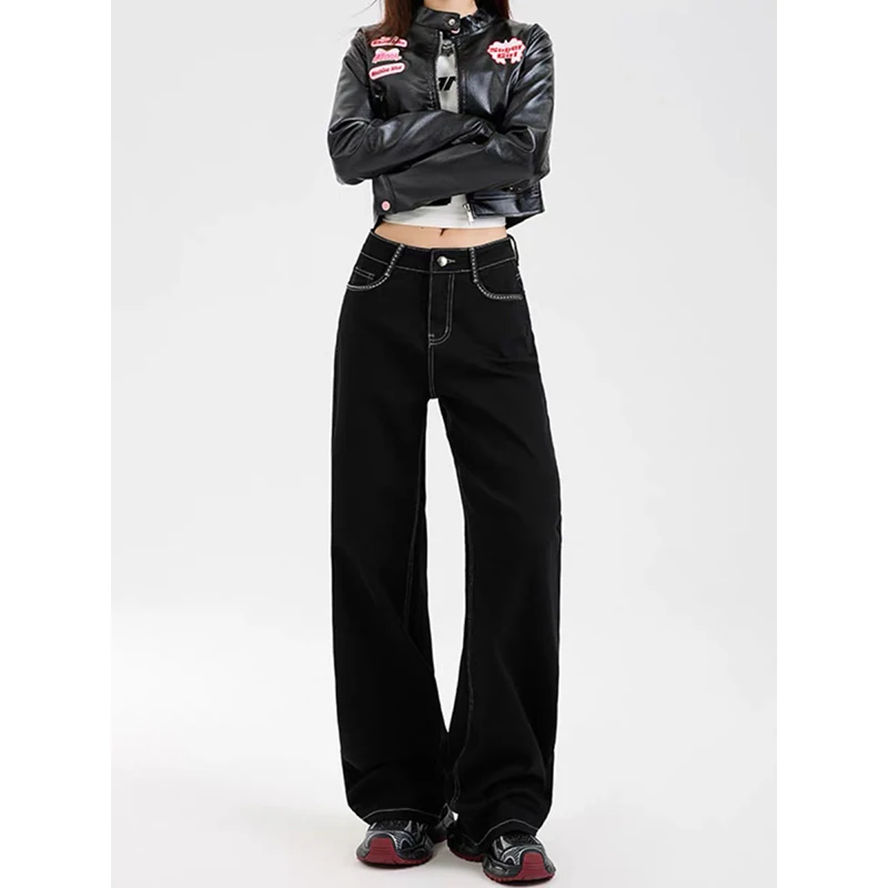 

ZHIZOU Black Women Jeans High Waist Vintage 90s Straight Baggy Denim Pants Streetwear Y2K American Style Wide Leg Denim Trouser
