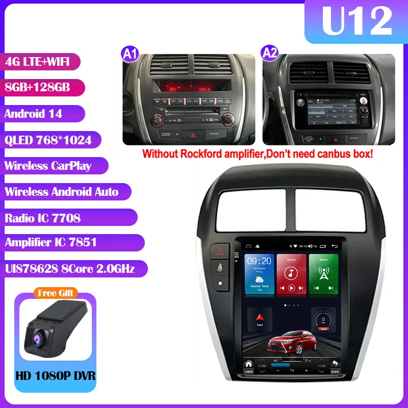 Android 14 Mitsubishi Asx 1 2010-2016 9.7 "7862S QLED Autoradio Multimedia Video Player Carplay Auto GPS Navi Stereo Geen DVD 2Din