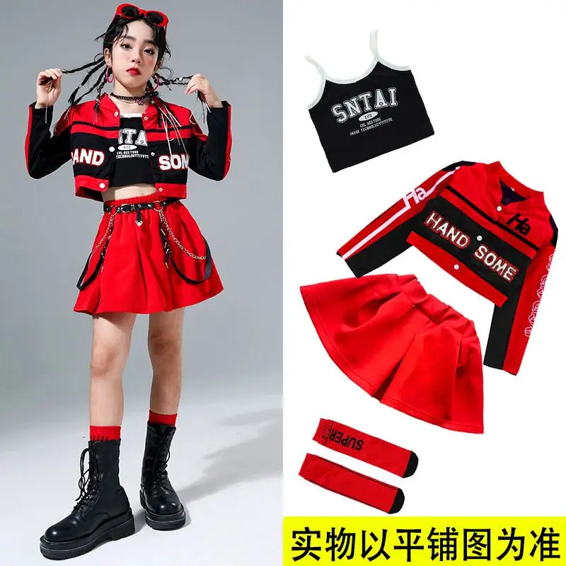 Hip Hop Girls Street Dance Red Motorcycle Sports Jacket Skirt Pants Boys Joggers Clothes Kids Streetwear Children Jazz Costumes