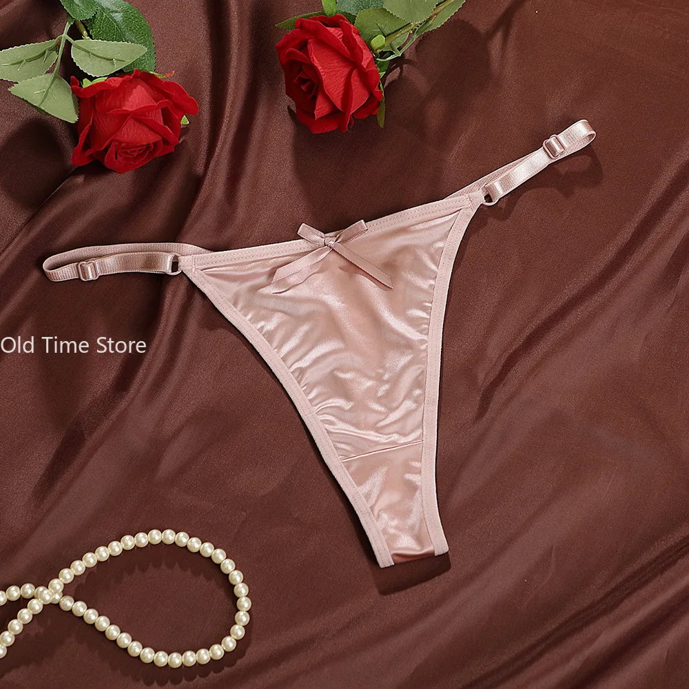 Sous-vêtements tanga en Satin pour femmes, bretelles réglables, taille basse, Lingerie Sexy, nœud effronté au dos, effet de levage des fesses, sans couture, confortable