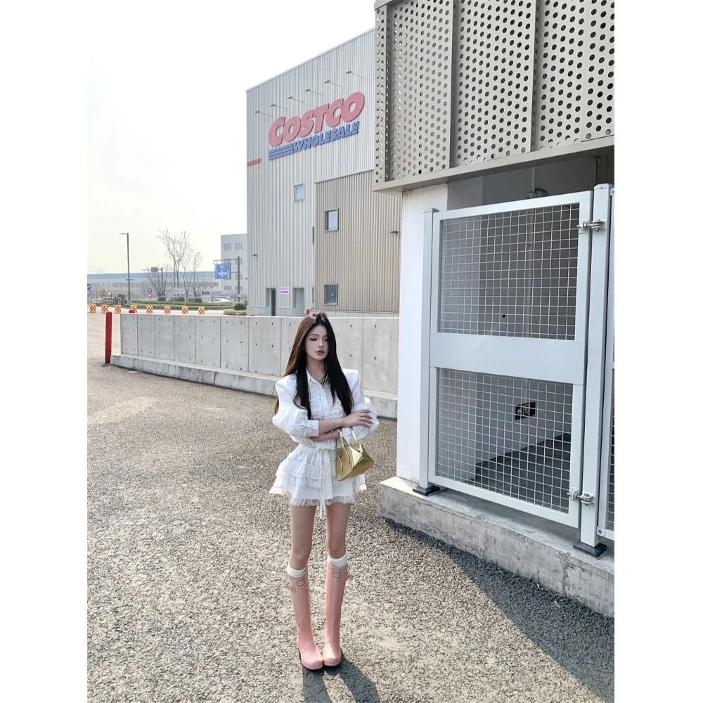 Vestido Camisa Feminino KING BRAND com Painel de Renda, Estilo Coreano de Outono, Saia Godê Modeladora de Cintura Alta, Manga...