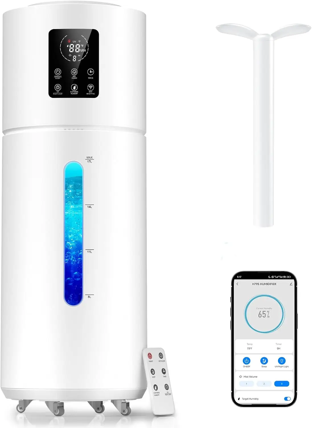 

Увлажнитель воздуха для больших помещений, 17 л, управление через приложение, 3 режима распыления для дома, офиса и растений