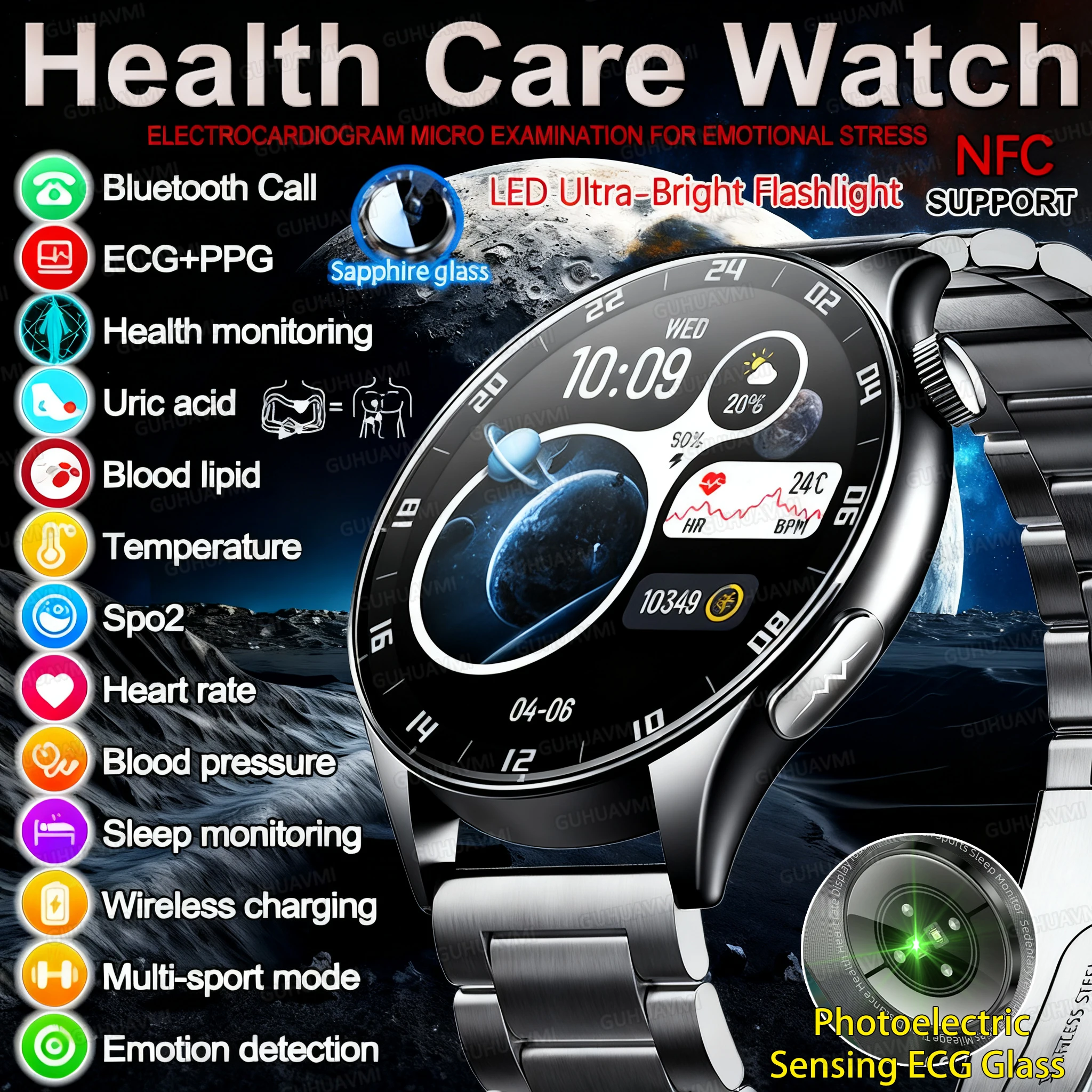 

2025 New NFC High end health HD Smart Watch Men Health Analysis Uric Acid Blood Fat Body Fat BT Call ECG+PPG Clock Smart Watchs