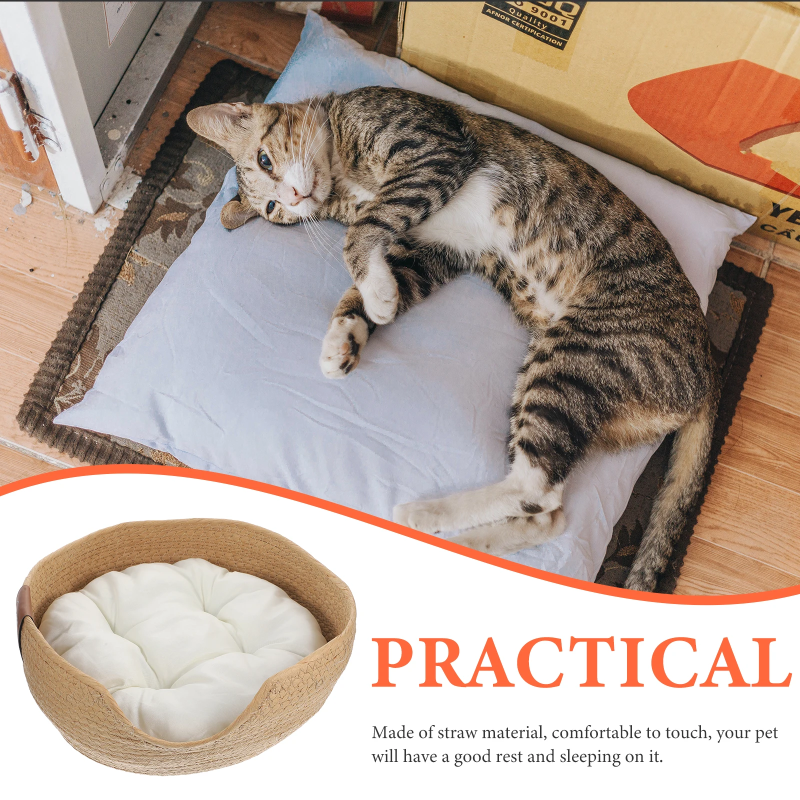 

Summer Pet House Cat Bed Weave Pad Sleeping Nest for Cats with Basket Cushion Type Cattail Grass Woven Hole