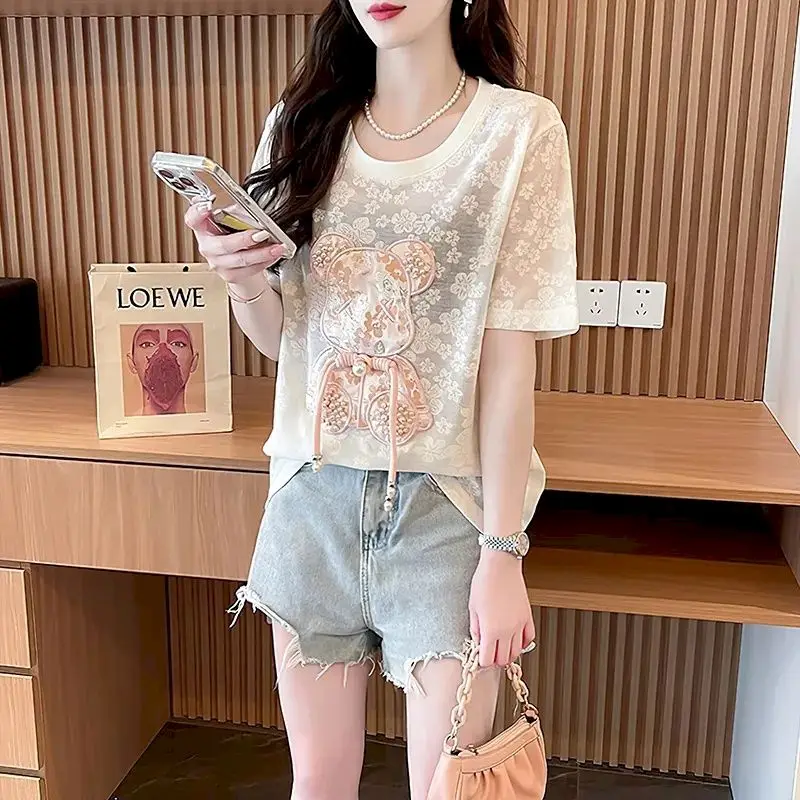 

Korean Fashion T-shirts for Women Summer Trend Mesh Jacquard Teddy Bear Short Sleeve T Shirt Casual Loose Breathable Slimming Te