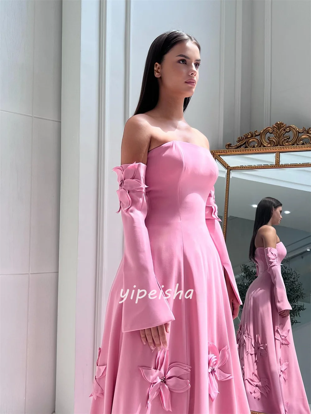 Customized Elegant Classic Jersey Handmade Flower Pleat A-line Strapless Long Dresses Bespoke Occasion Dresses Sizes Available