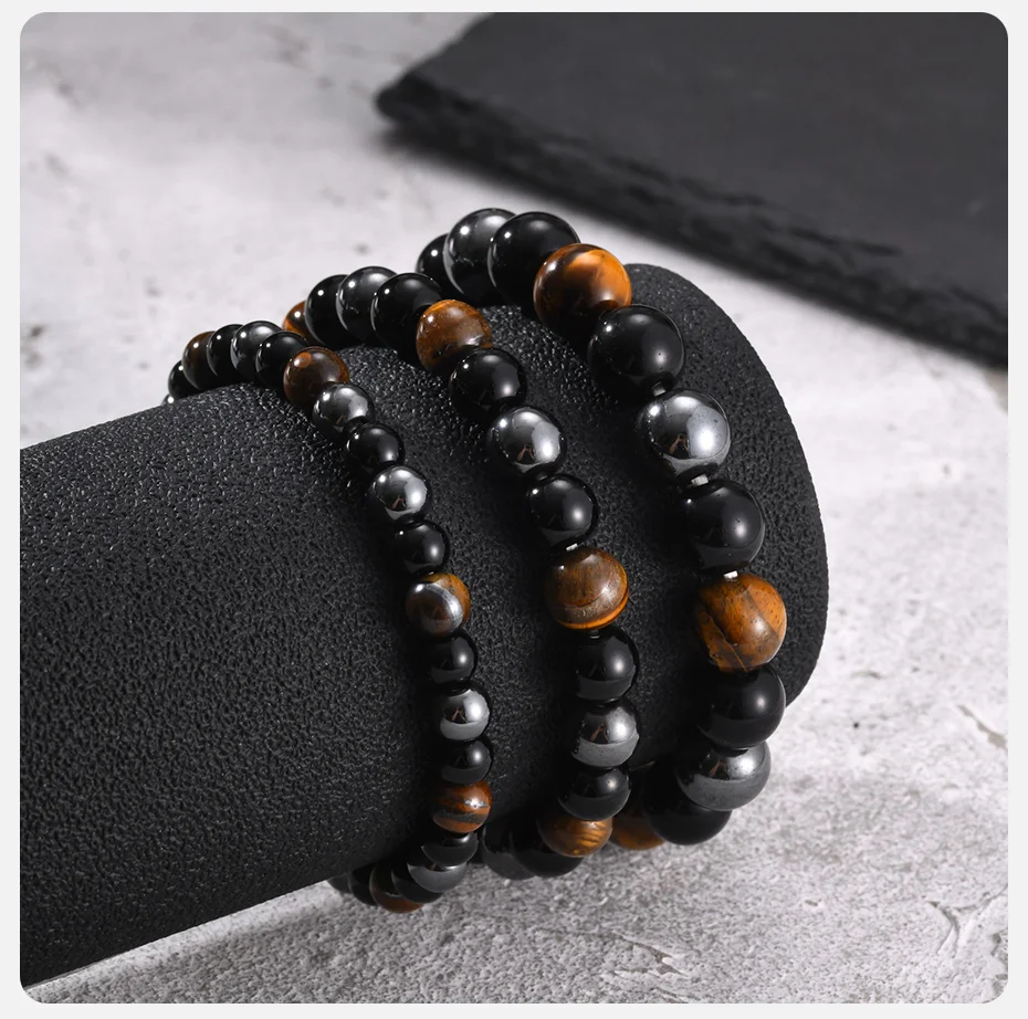 Vnox 6/8/10mm Breites Perlenarmband für Männer, Tigerauge Hämatit Schwarzes Glasstein Stretch-Armband, Elastischer Handgelenkschmuck Geschenk – Detail 6