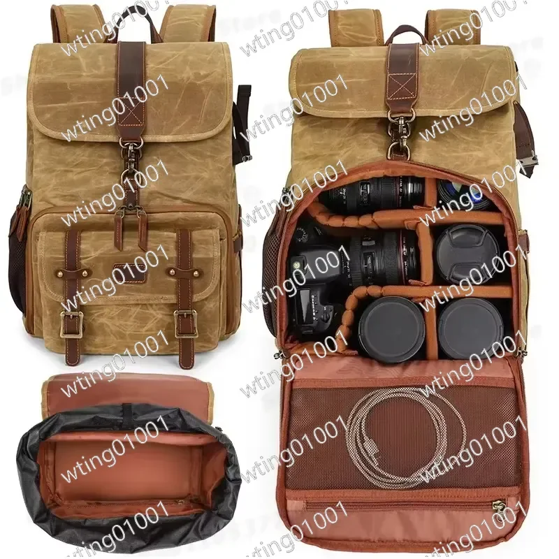 Waterproof Waxed Canvas 2-in-1 Backpack with Adjustable Dividers and Tripod Pocket Quick Release Design for Camera and Laptop