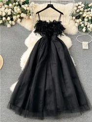 Designer Party Feathers Black Long Evening Dress For Women Straps Sexy Backless Tulle Fashion A Line Pleated Long Dresses Summer