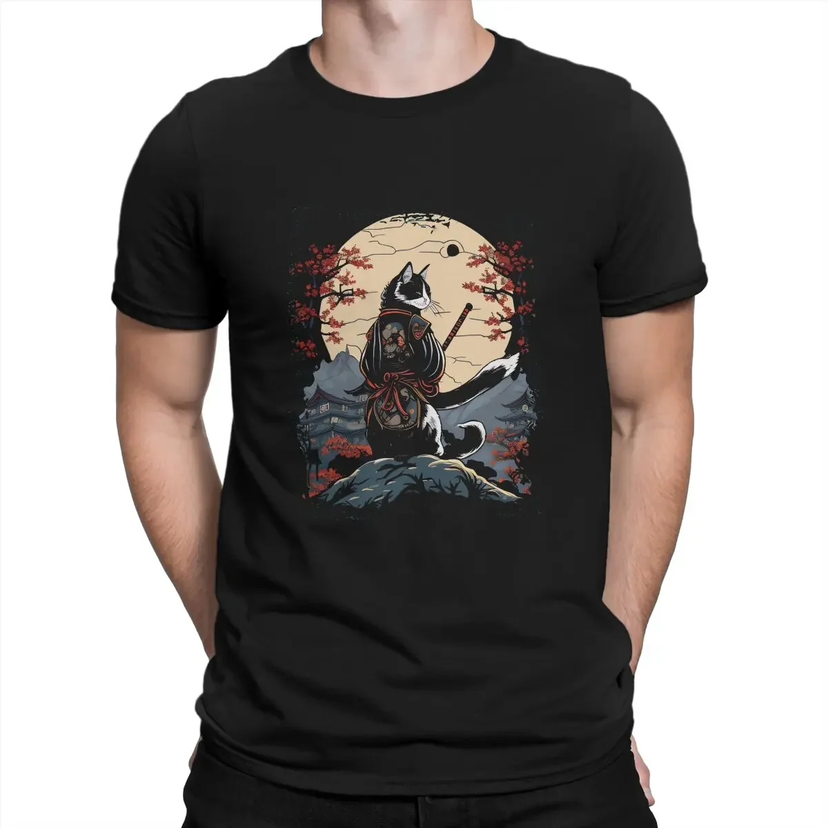 Camiseta de estilo samurái para hombre, prenda de vestir con cuello redondo, diseño de gato japonés, Katana, Catana, poliester, humor, Idea de regalo, manga, ropa de anime vintage