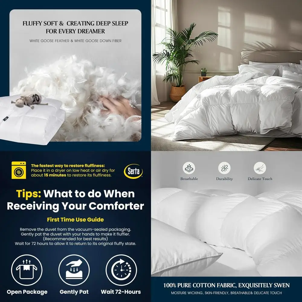 

Queen Size Goose Down Alternative Comforter - 100% Cotton, Hypoallergenic, All-Season Luxury Bedding, White