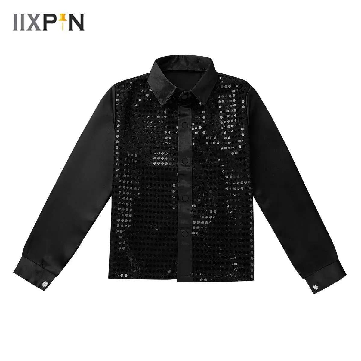 

Girls Boys Shiny Sequins Shirts Dance Tops Long Sleeve Spread Collar T-Shirt Choir Jazz Street Dancewear for Stage Performance