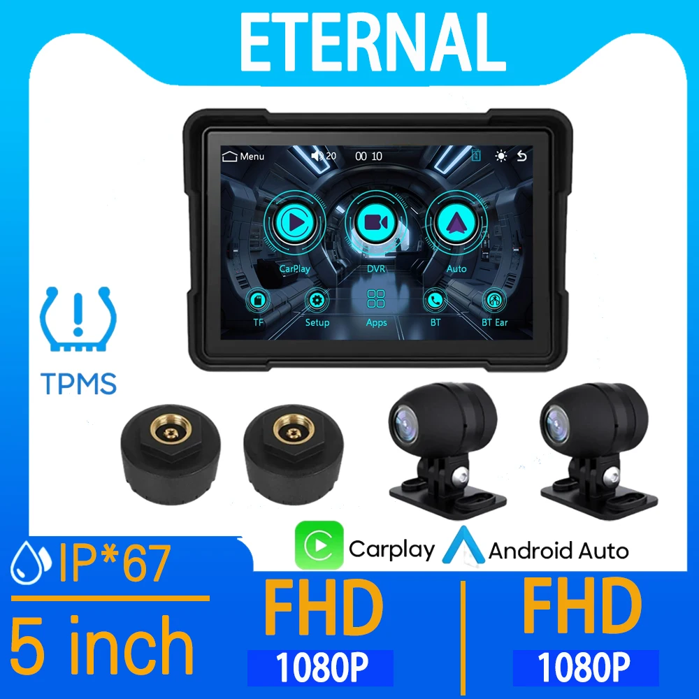 

ETERNAL 5 inch Motorcycle Carplay Waterproof 1080P WiFi Wireless Android-Auto DVR Monitor Dash Cam GPS Navigation TPMS