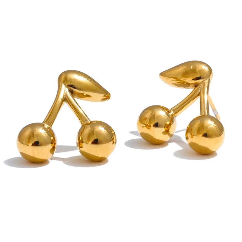 New Fashion Stainless Steel Metal Cherry Golden Stud Earrings for Women 18K PVD Plated Wholesale Waterproof Charm Jewelry Gifts