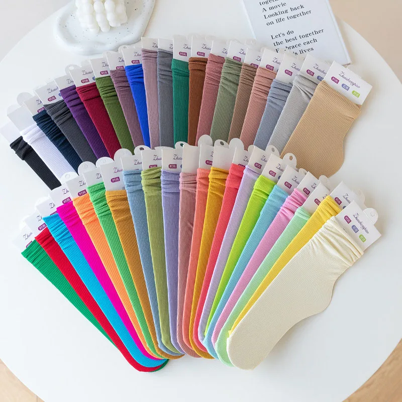 Chaussettes mi-tube en velours pour femmes, chaussettes mi-tube multicolores, chaussettes d'équipage à bord roulé fin et doux, chaussettes décontractées japonaises, chaussettes longues, document solide, glace, été