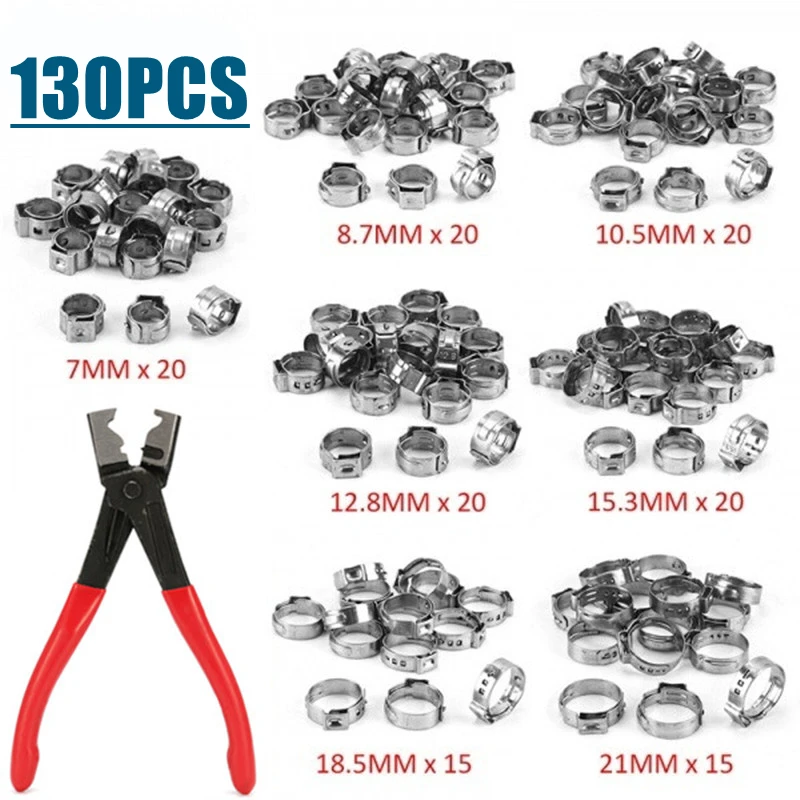 130Pcs Stainless Steel Ear Stepless Fuel Clamp 5.8-21mm Worm Drive Fuel Water Hose Pipe Clamps Clips+ 1PC Hose Clip Clamp Plier