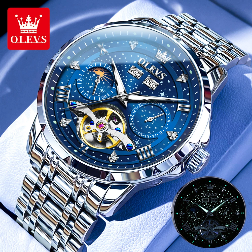 OLEVS Original Top Brand Automaitc Watches for Men Waterproof Luminous Stainless Steel Skeleton Flywheel Mechanical Wristwatch