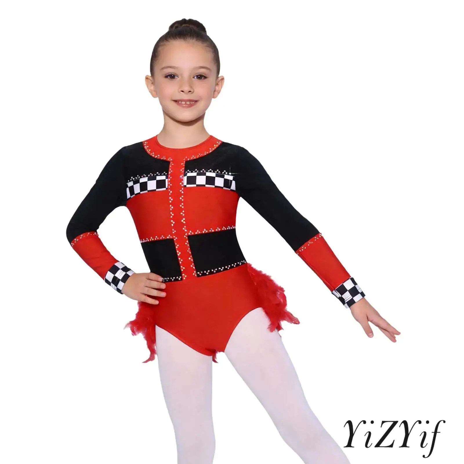 

Kids Girls Racing Driver Jumpsuit Sparking Rhinestones Long Sleeve Layered Feather Bodysuit Gymnastics Ballet Dance Leotard