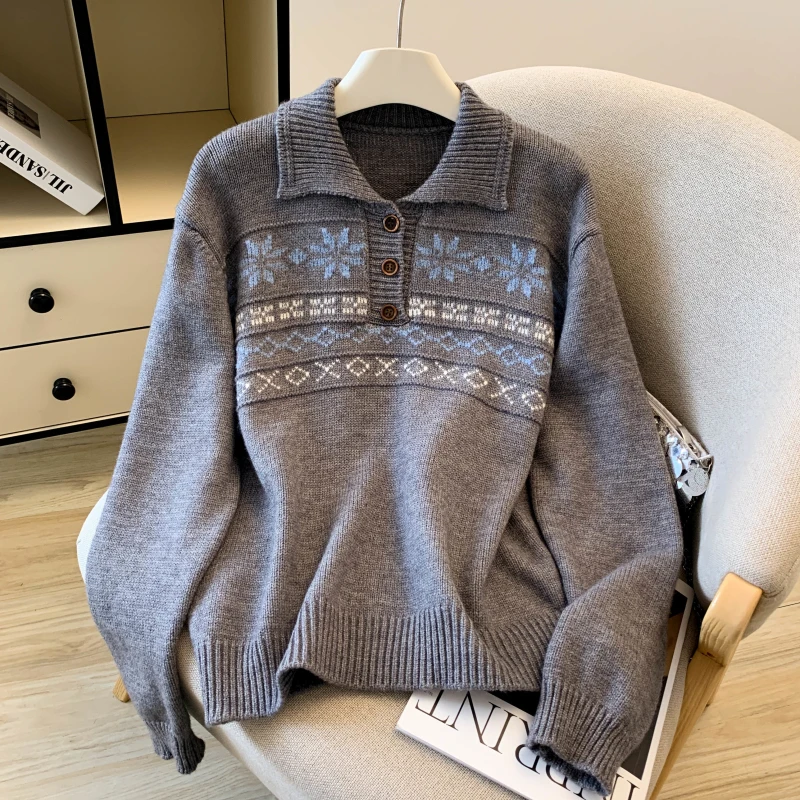 

Women Retro Knit Sweater Fair Isle Style Lapel Loose Design Autumn Winter New