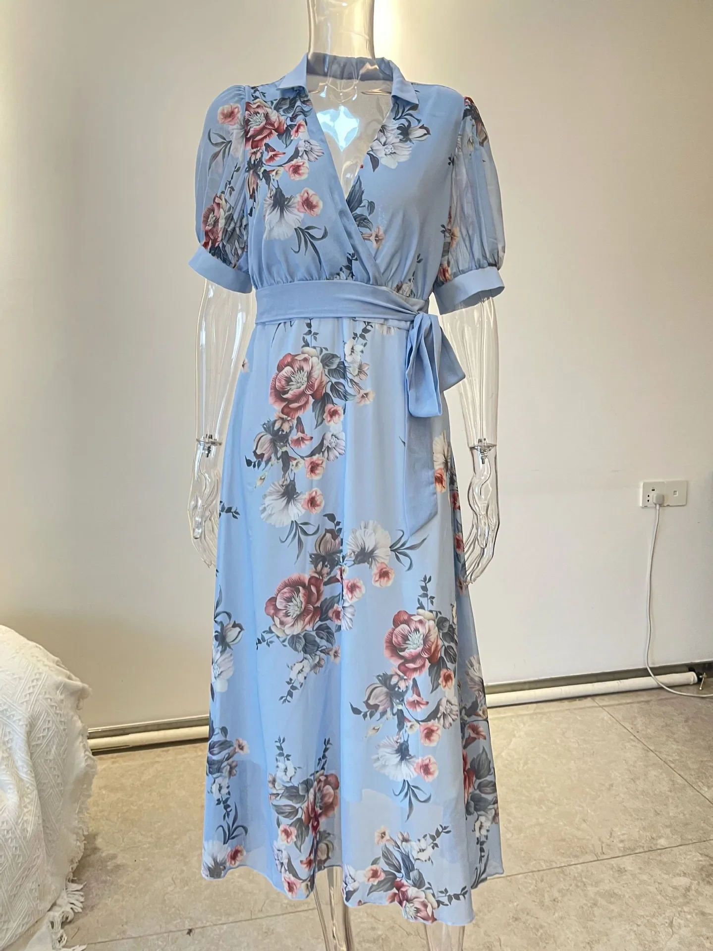 

European And American Fashion Dress For Women In Summer 2025, New High-End Blue Print Elegant Temperament Dress