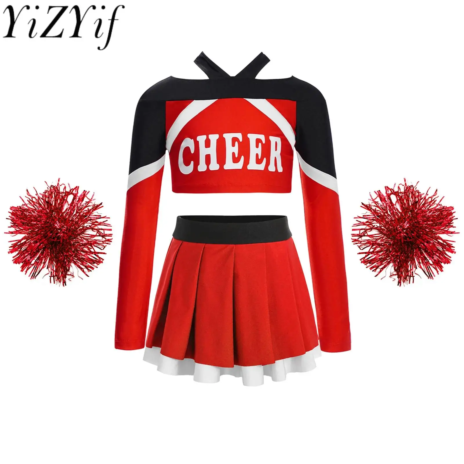 

Cheerleading Performance Outfit Long Sleeve Letter Print Crop Top with Pleated Skirt 2Pcs Flower Balls Cheering Wear