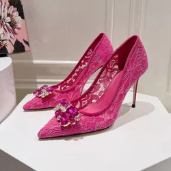 2024 Summer Luxury Lace High Heels Shoes Women Pumps Pointed Designer Sexy High Heeled Wedding Party Shoes Flower Crystal Shoes