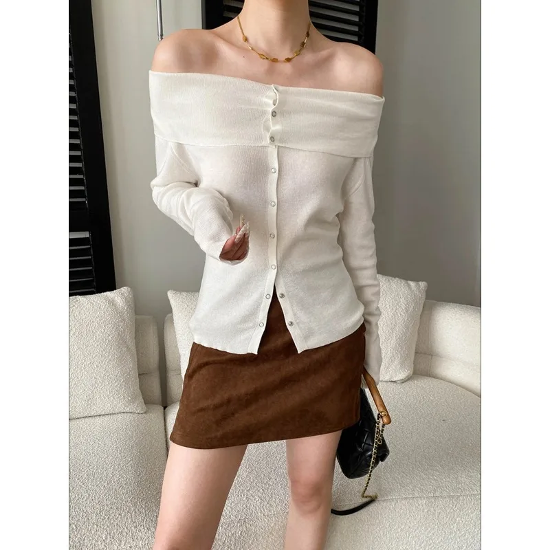 

Модный дизайнерский трикотажный кардиган с открытыми плечами и воротником, облегающий, с длинными рукавами, элегантный повседневный топ для женщин PTHV